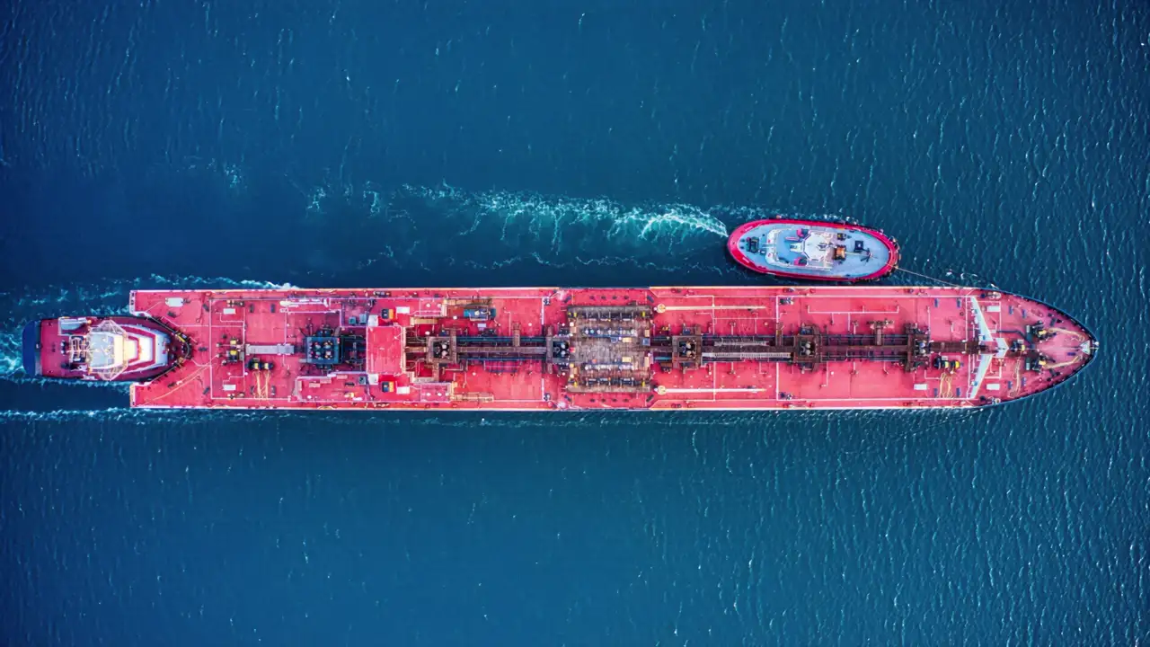 A loaded product tanker under way at sea with a tug alongside, seen from above.